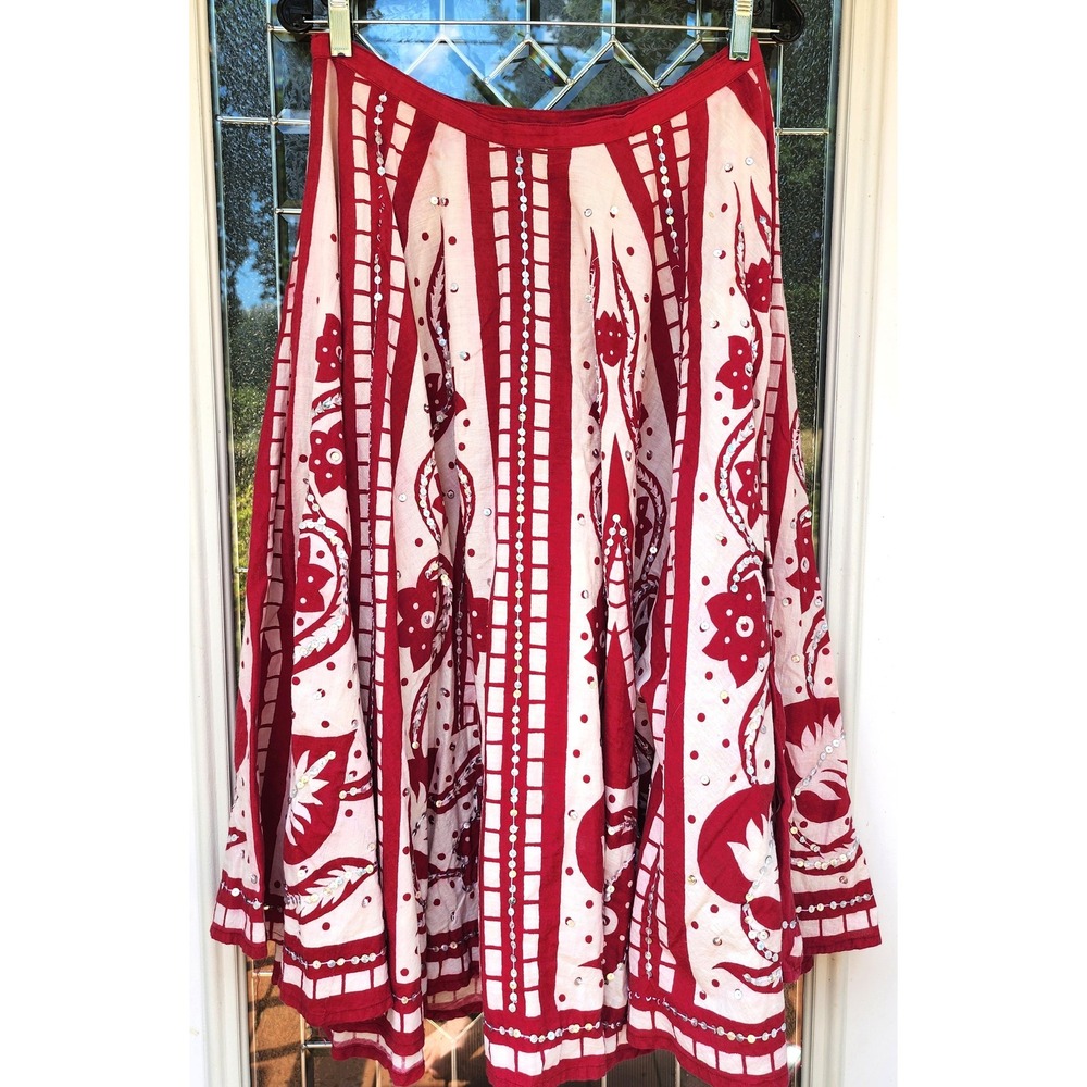 Wet Seal Y2K Red White Cotton Sequin Boho Midi Skirt Bright Bohemian Festival M